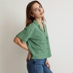 Madewell Crinkle-knit Button Front Green Top Small